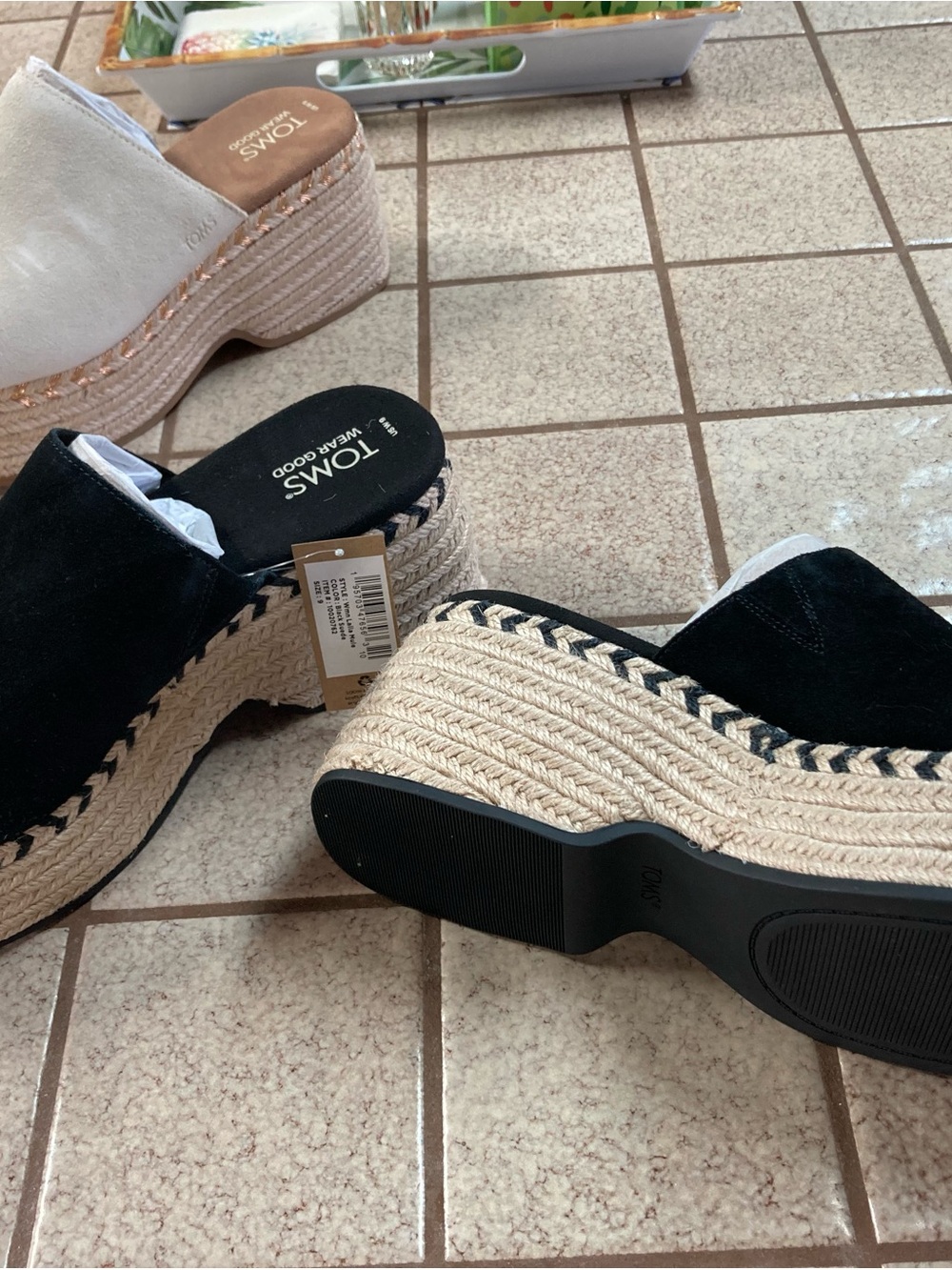 TOMS Black Suede Espadrille Platform Mules